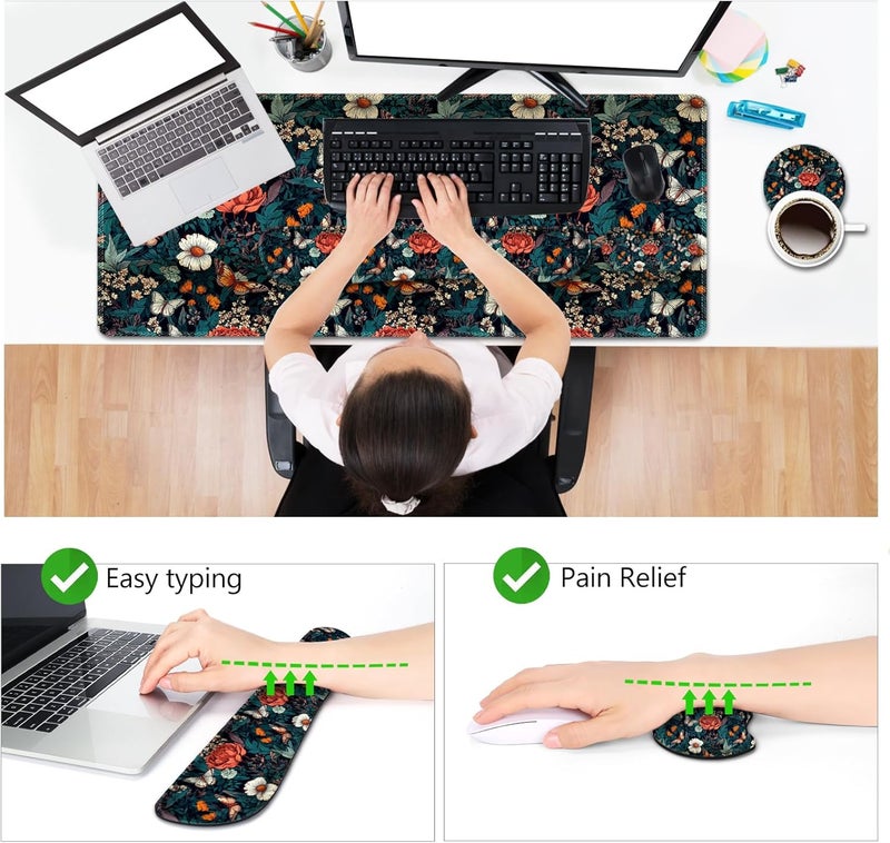 AIMSA XXL Large Gaming Mouse Pad Set with Wrist Rest, Retro Floral Butterfly Pattern, Multicolor, Fabric, Memory Foam, 4 in 1 Combo, Ultra-smooth, Non-slip, Stitched Edges - Image 2